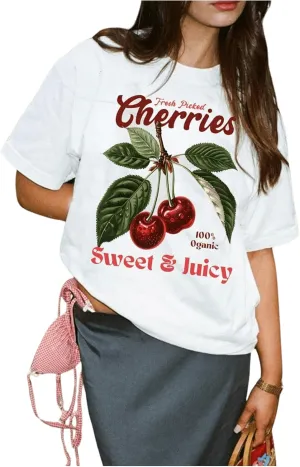 Women's Cherry Graphic T Shirt Vintage Crewneck Short Sleeve Loose Y2k Tee Top