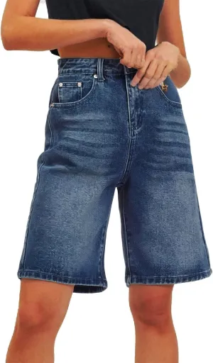 Womens Distressed Denim Shorts High Waisted Ripped Jean Shorts Straight Leg Summer Casual Bermuda Short Half Pants