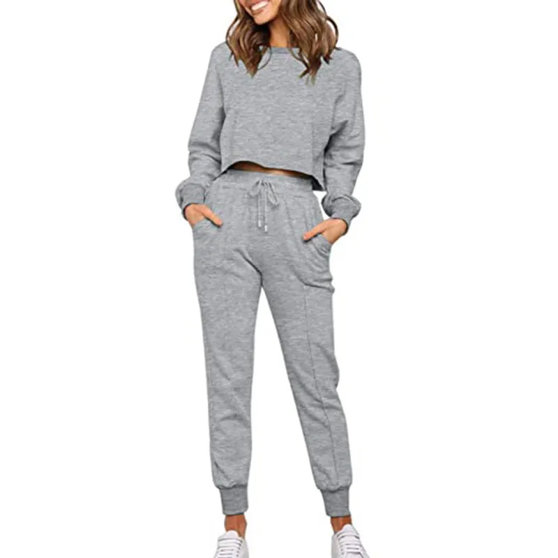 Women's Long Sleeve Cropped Sweatshirt with Sweatpants Sports Set