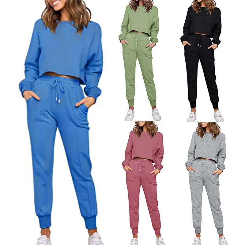 Women's Long Sleeve Cropped Sweatshirt with Sweatpants Sports Set