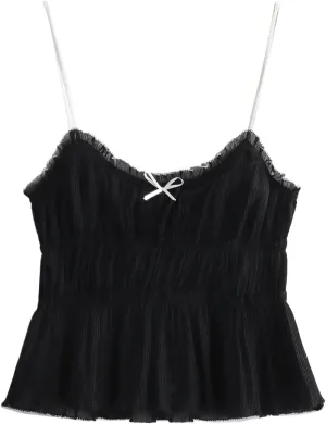 Women's V-Neck Camisole Tops with Bow Design Fashionable High Street Style Polyester Blended Solid Color